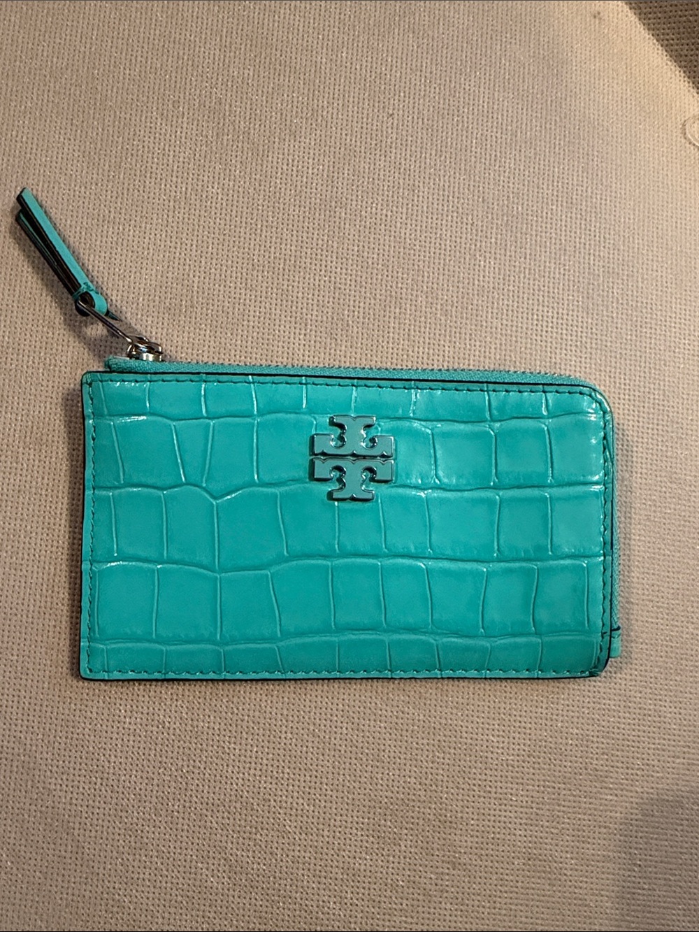 Tory Burch Turquoise Croc-Embossed Zip Card Case